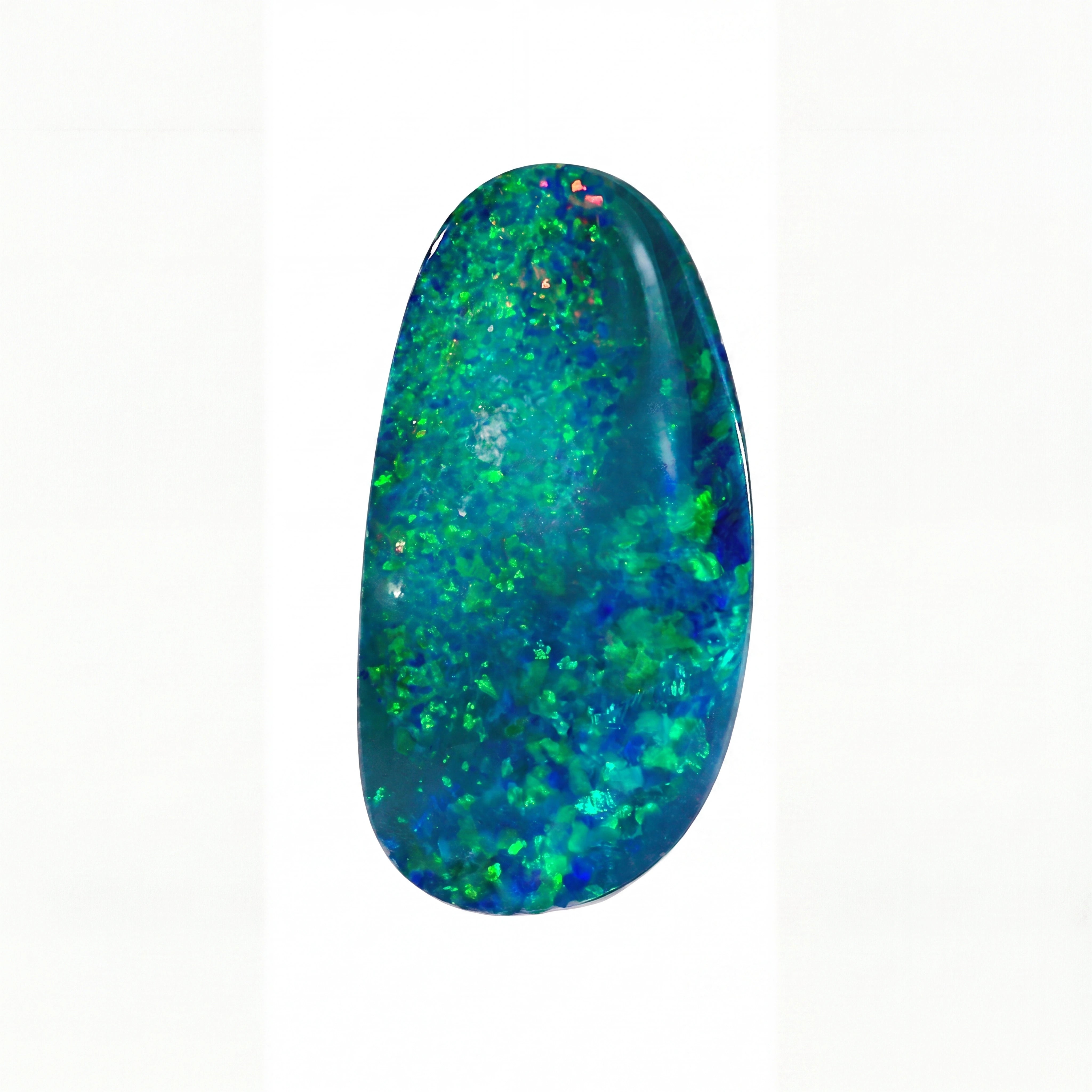 A polished oval cabochon gemstone with a blue-grey base and vivid green, blue, and hints of gold flashes, displayed against a solid black background.
