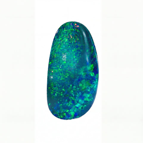 A polished oval cabochon gemstone with a blue-grey base and vivid green, blue, and hints of gold flashes, displayed against a solid black background.