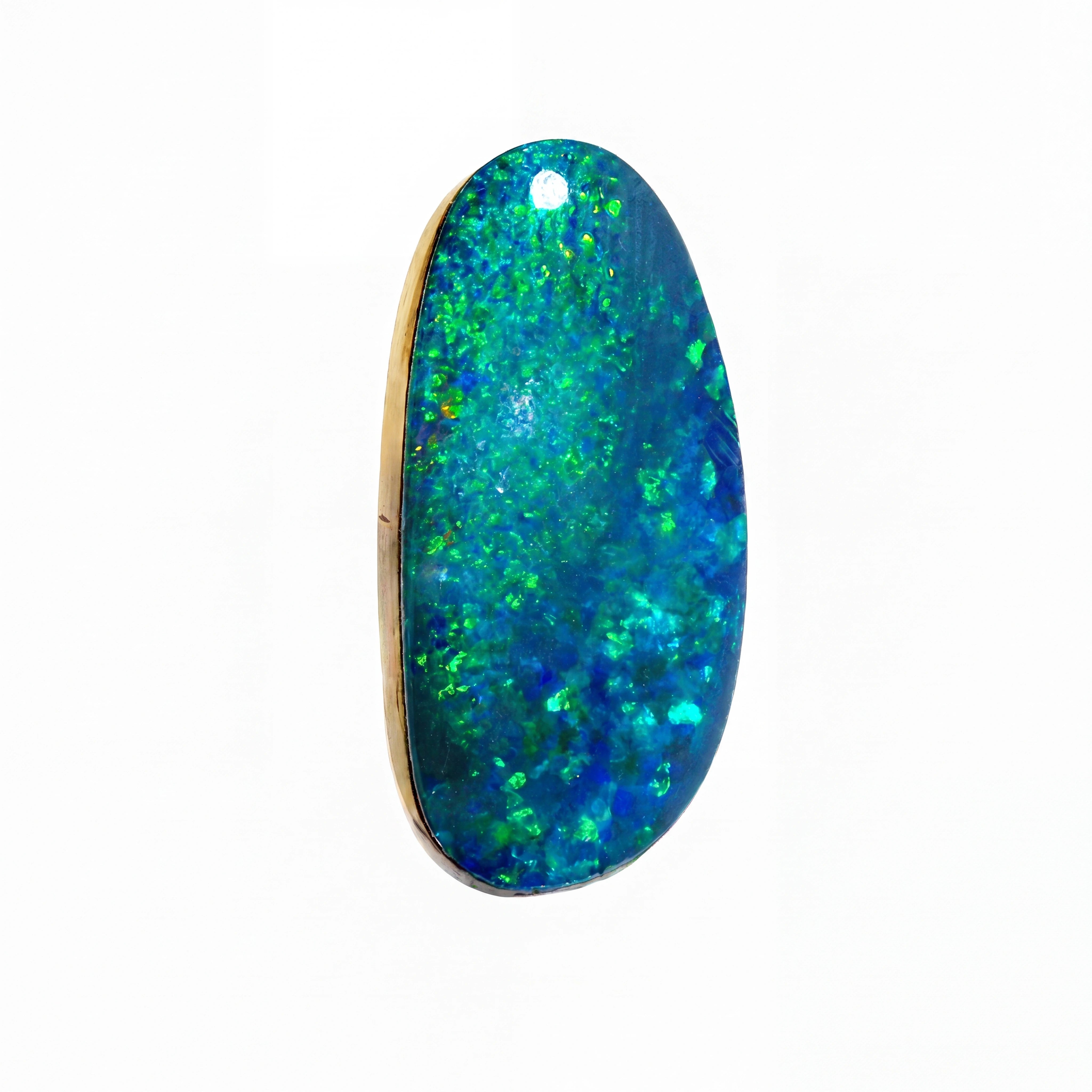 A polished teardrop-shaped cabochon opal gemstone displaying a dark blue-grey base with vibrant green, blue, and hints of orange flashes, set against a plain white background.