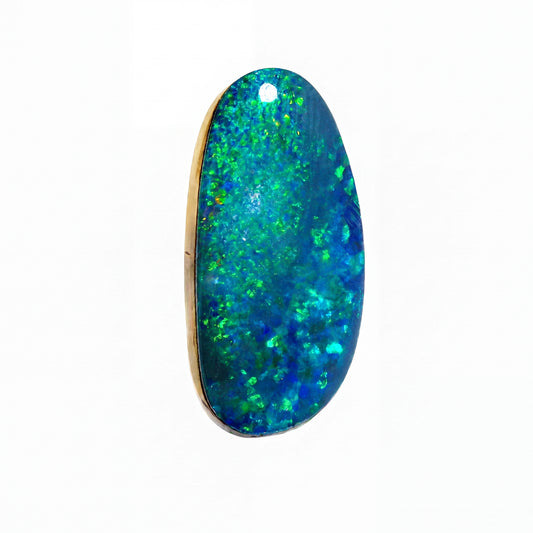 A polished teardrop-shaped cabochon opal gemstone displaying a dark blue-grey base with vibrant green, blue, and hints of orange flashes, set against a plain white background.