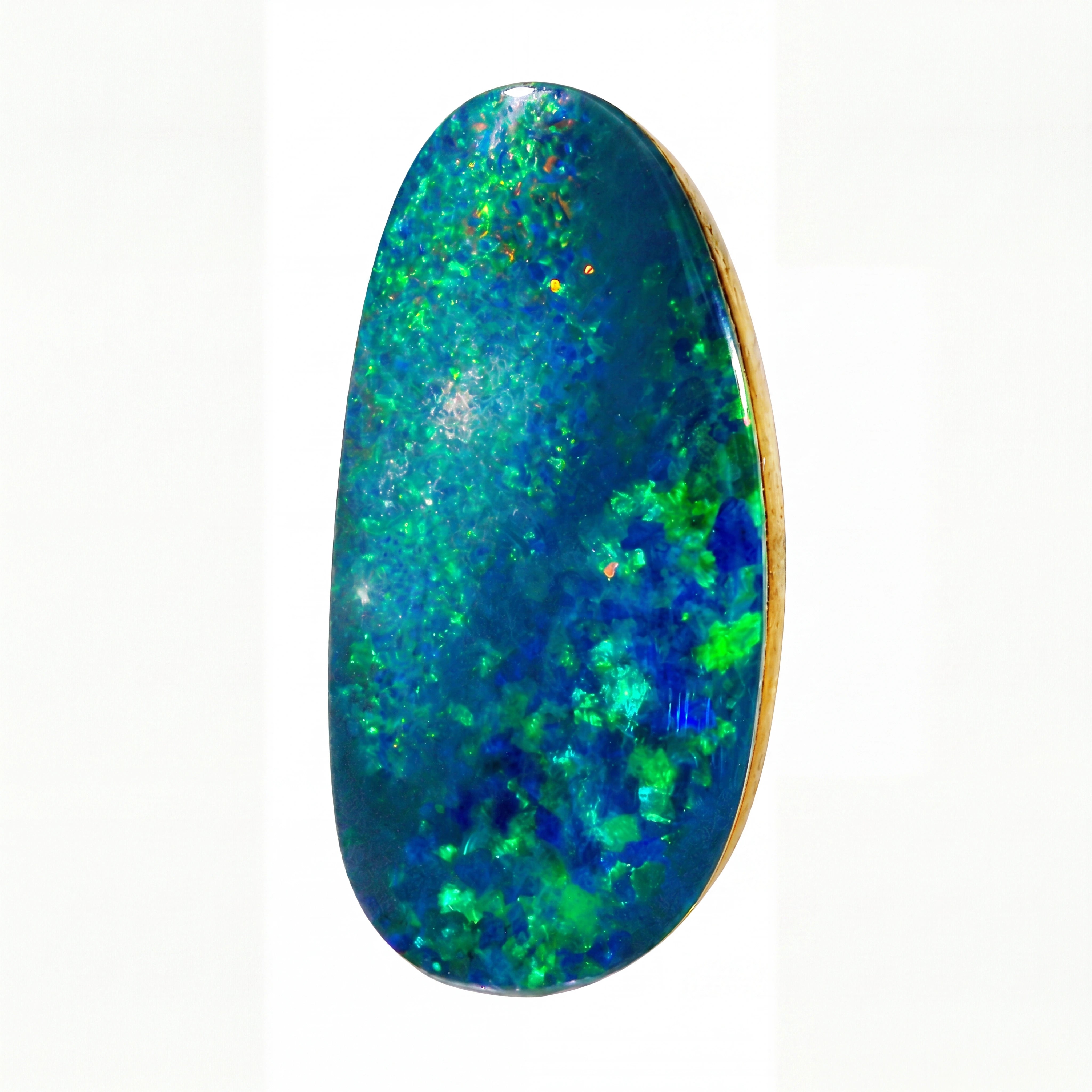 A polished oval opal gemstone with vibrant blue, green, and teal iridescent play-of-colour, set against a plain white background.