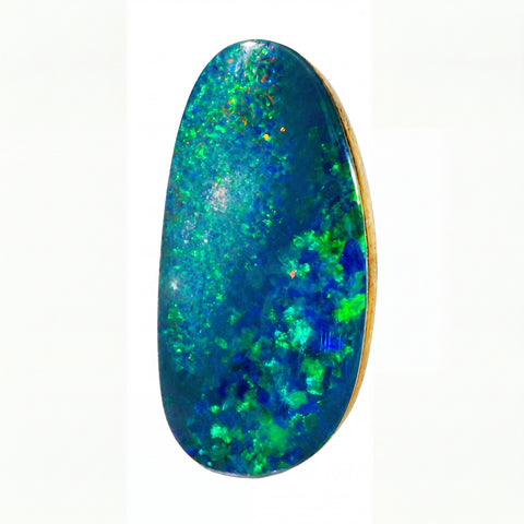 A polished oval opal gemstone with vibrant blue, green, and teal iridescent play-of-colour, set against a plain white background.