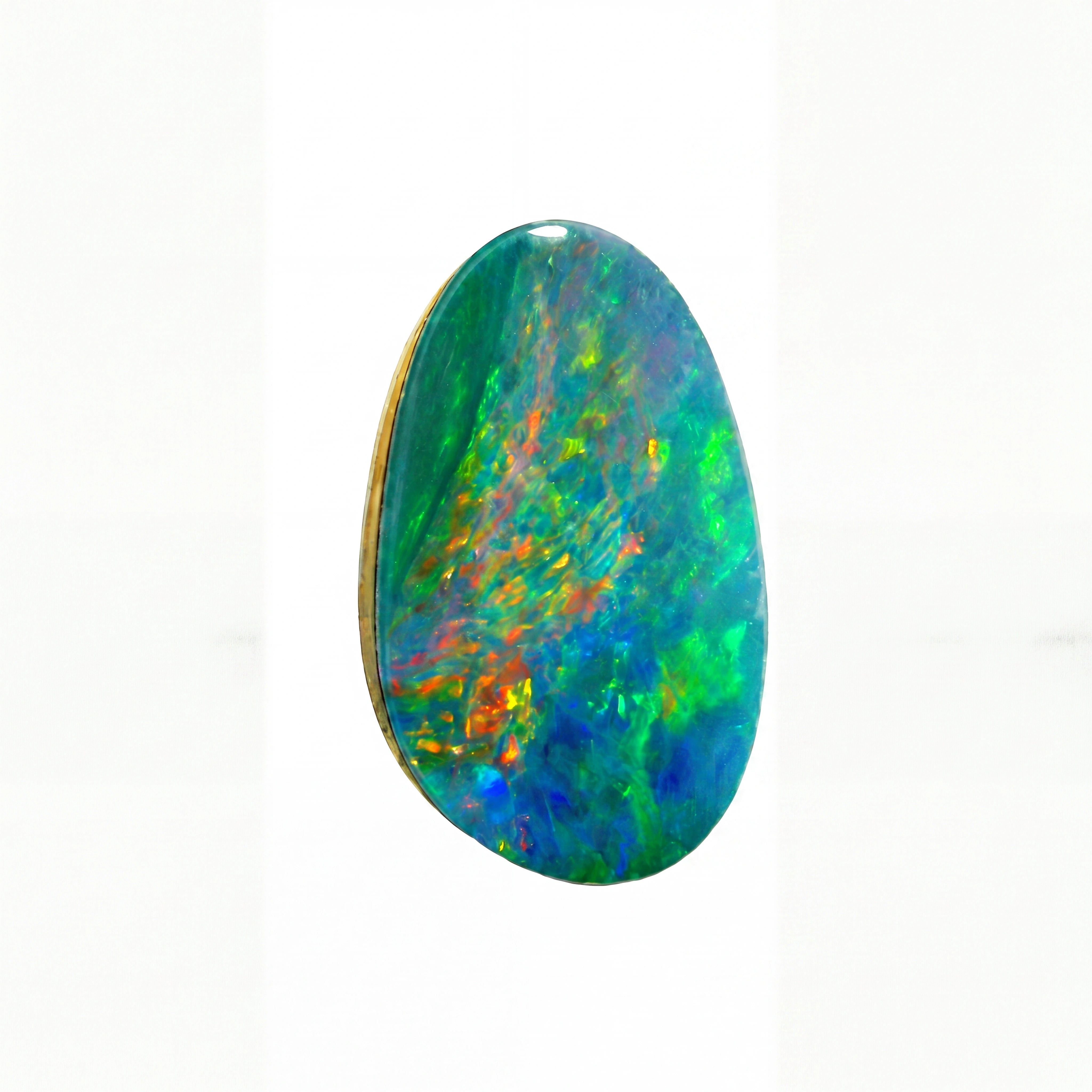 A polished oval opal gemstone displaying a vibrant play-of-colour with blue, green, orange, and purple hues, isolated on a solid white background.
