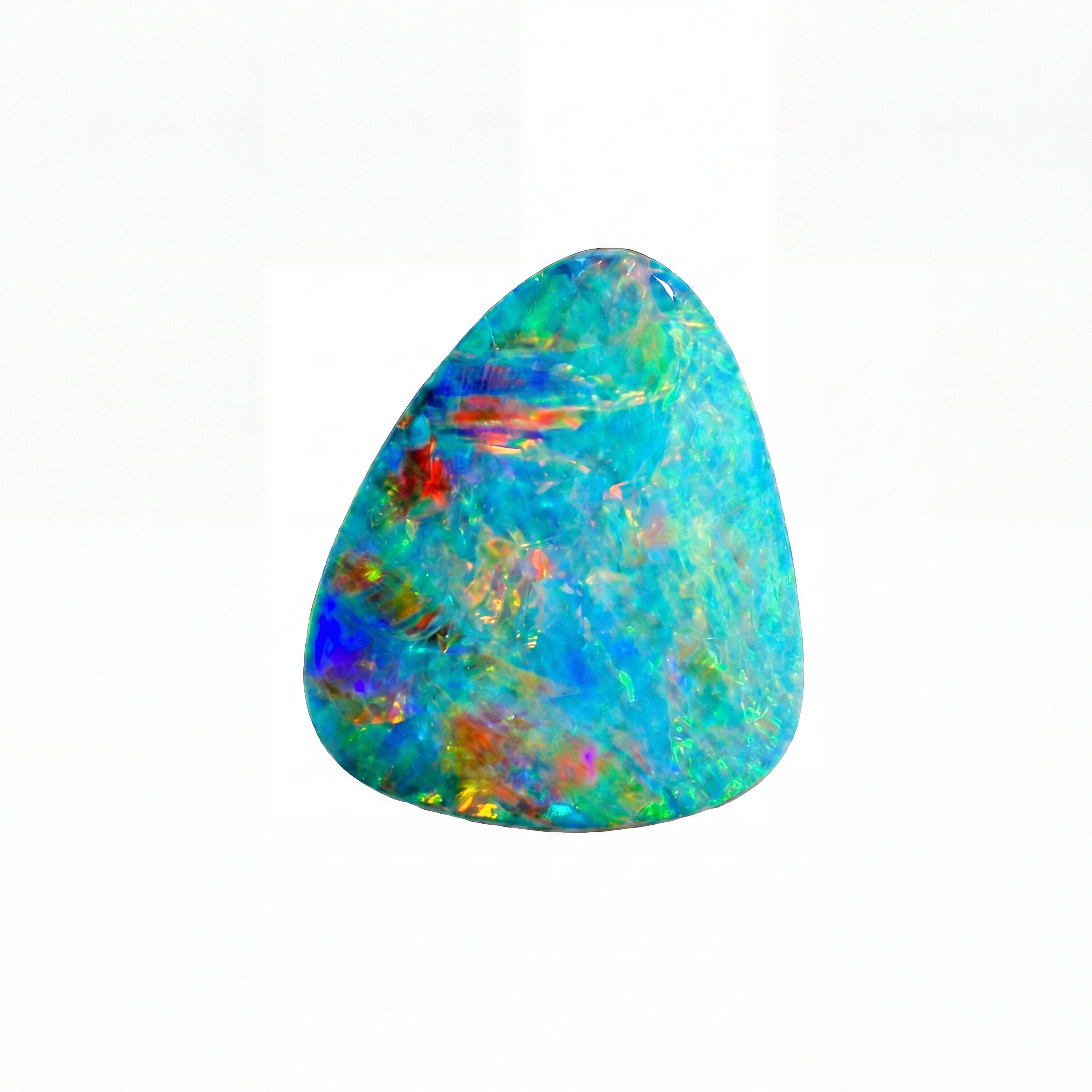 A teardrop-shaped loose opal gemstone displaying a vibrant play-of-colour with blue, green, orange, and yellow flashes, centred against a solid black background.