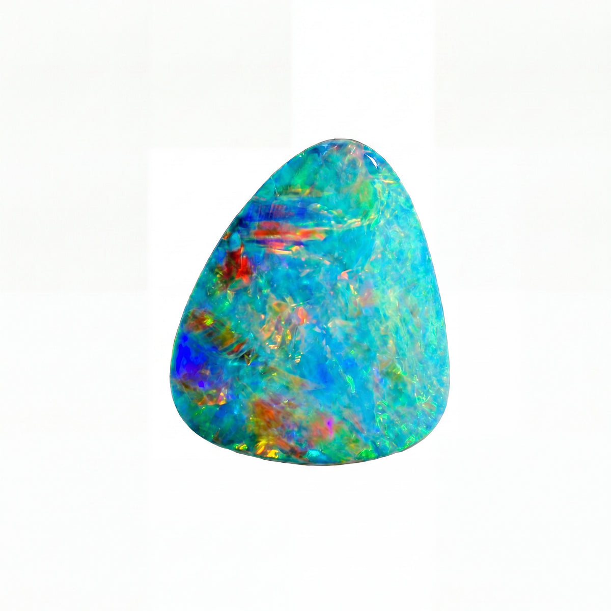 A teardrop-shaped loose opal gemstone displaying a vibrant play-of-colour with blue, green, orange, and yellow flashes, centred against a solid black background.