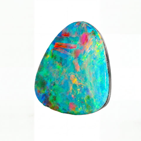 A polished teardrop-shaped opal gemstone with vibrant iridescent colours including blue, green, orange, pink, and yellow, set in a silver-toned bezel on a white background.