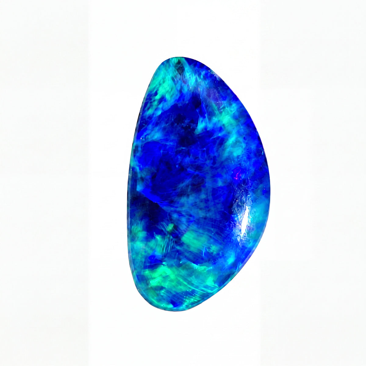 A polished teardrop-shaped cabochon gemstone featuring vibrant blue and green opalescent play-of-colour, displayed on a clean white background.