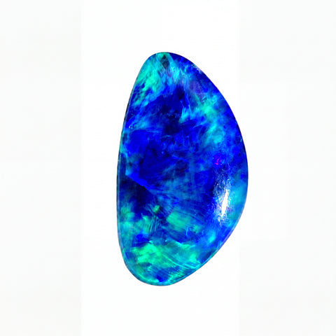 A polished teardrop-shaped cabochon gemstone featuring vibrant blue and green opalescent play-of-colour, displayed on a clean white background.