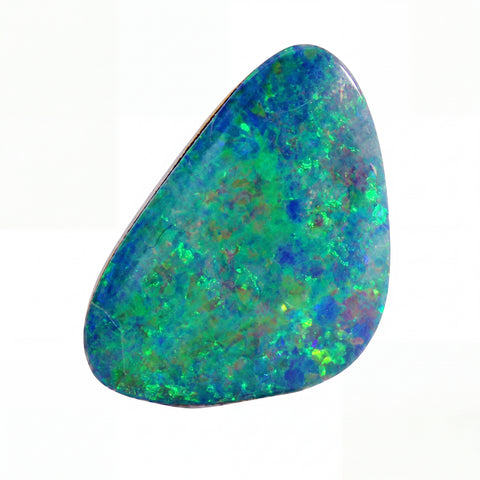 A polished irregular-shaped opal stone with a mottled play-of-colour pattern featuring blue, green, yellow, and orange on a white background.