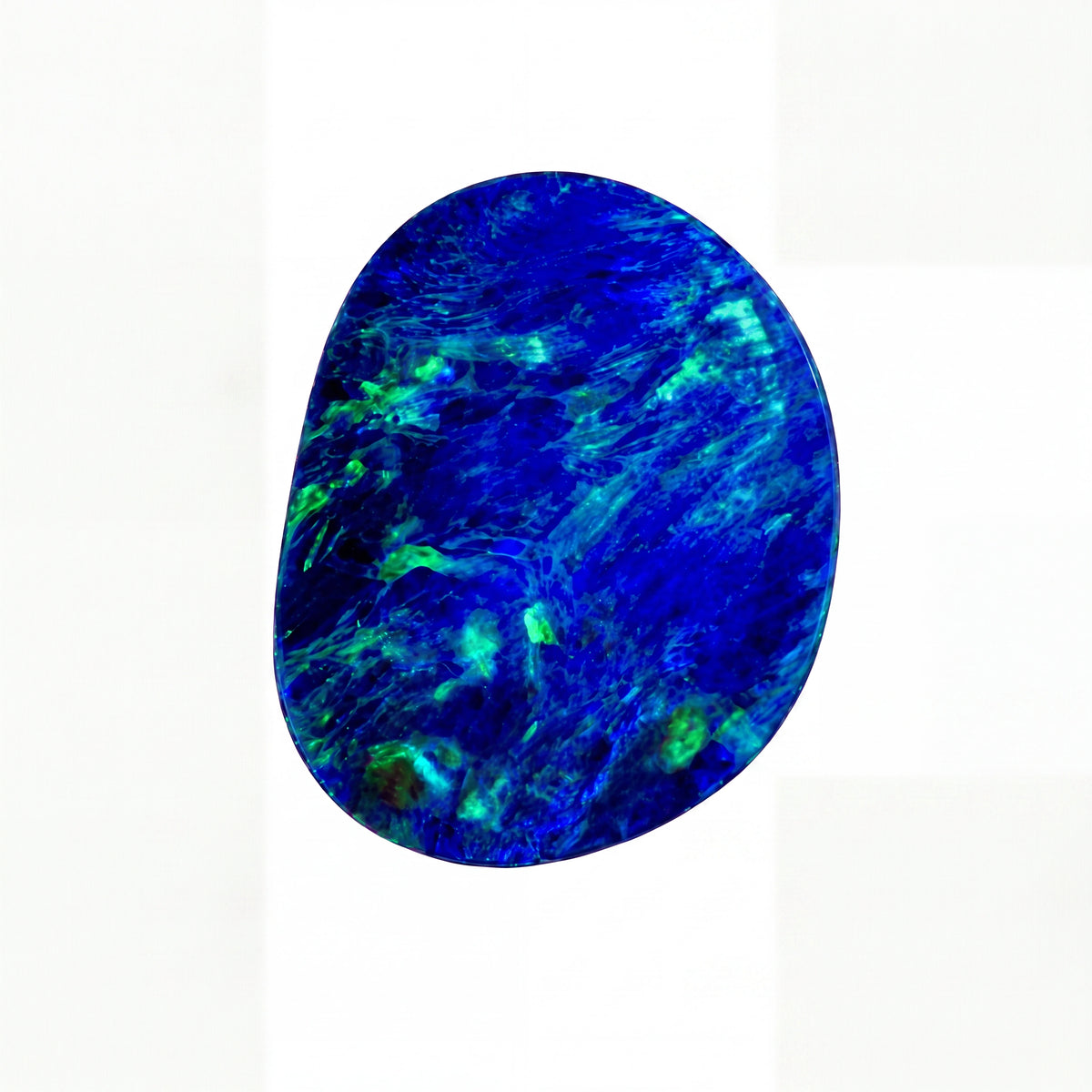 A polished blue stone with marbled, swirled patterns of teal and lighter blue, shown as a single oval-shaped gemstone on a solid white background.