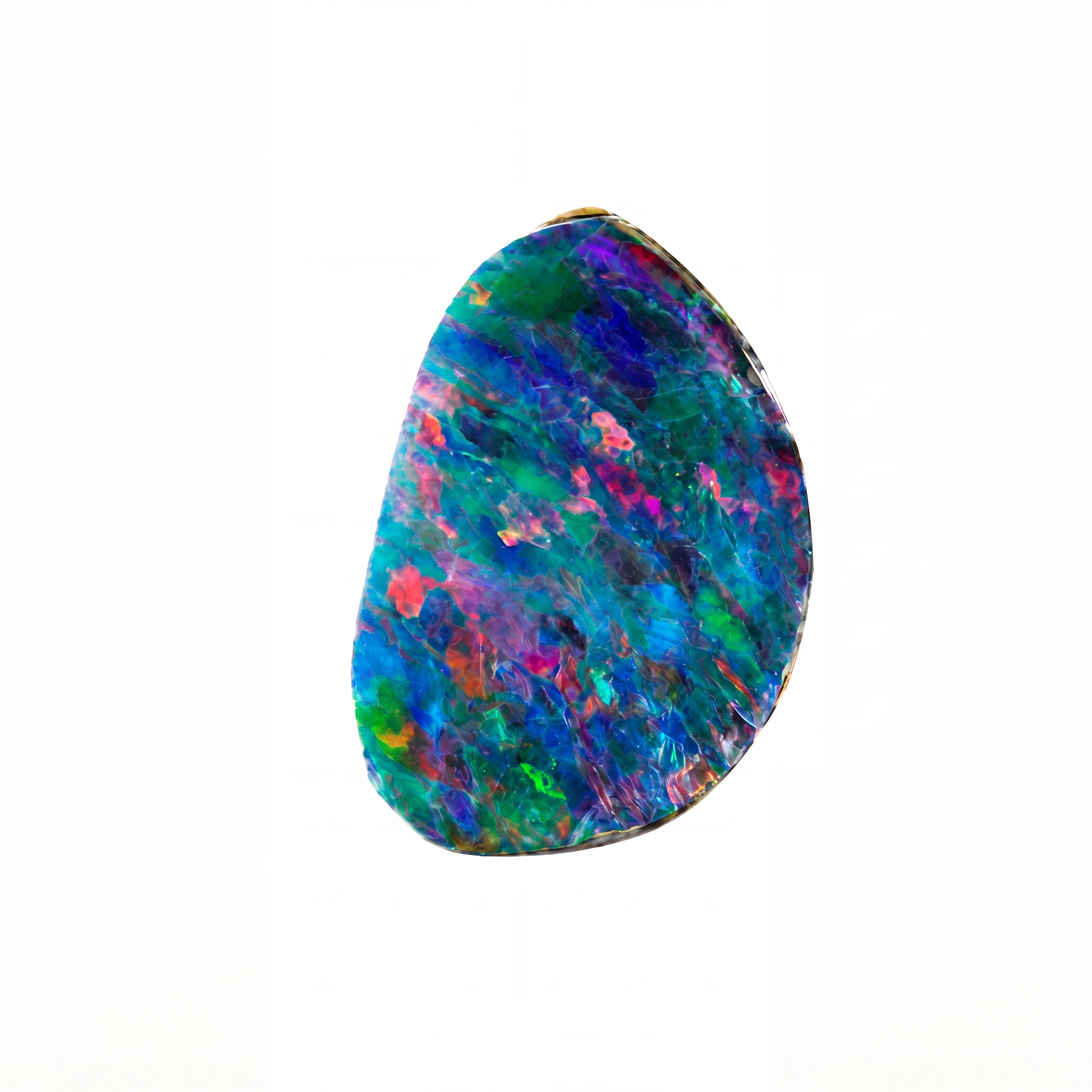 A raw, polished irregular-shaped opal gemstone displaying a vibrant play-of-colour with blue, green, pink, purple, and orange hues, isolated on a solid white background.
