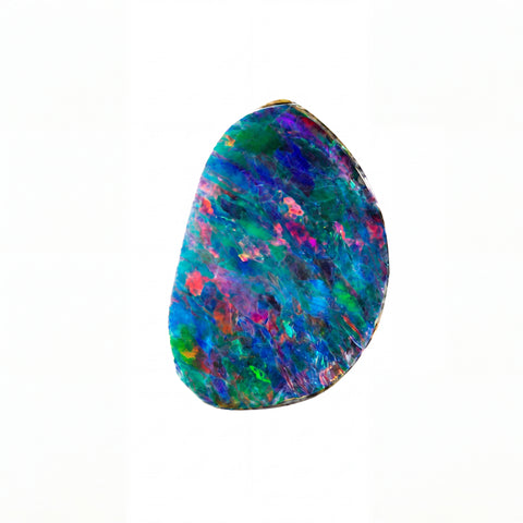A raw, polished irregular-shaped opal gemstone displaying a vibrant play-of-colour with blue, green, pink, purple, and orange hues, isolated on a solid white background.