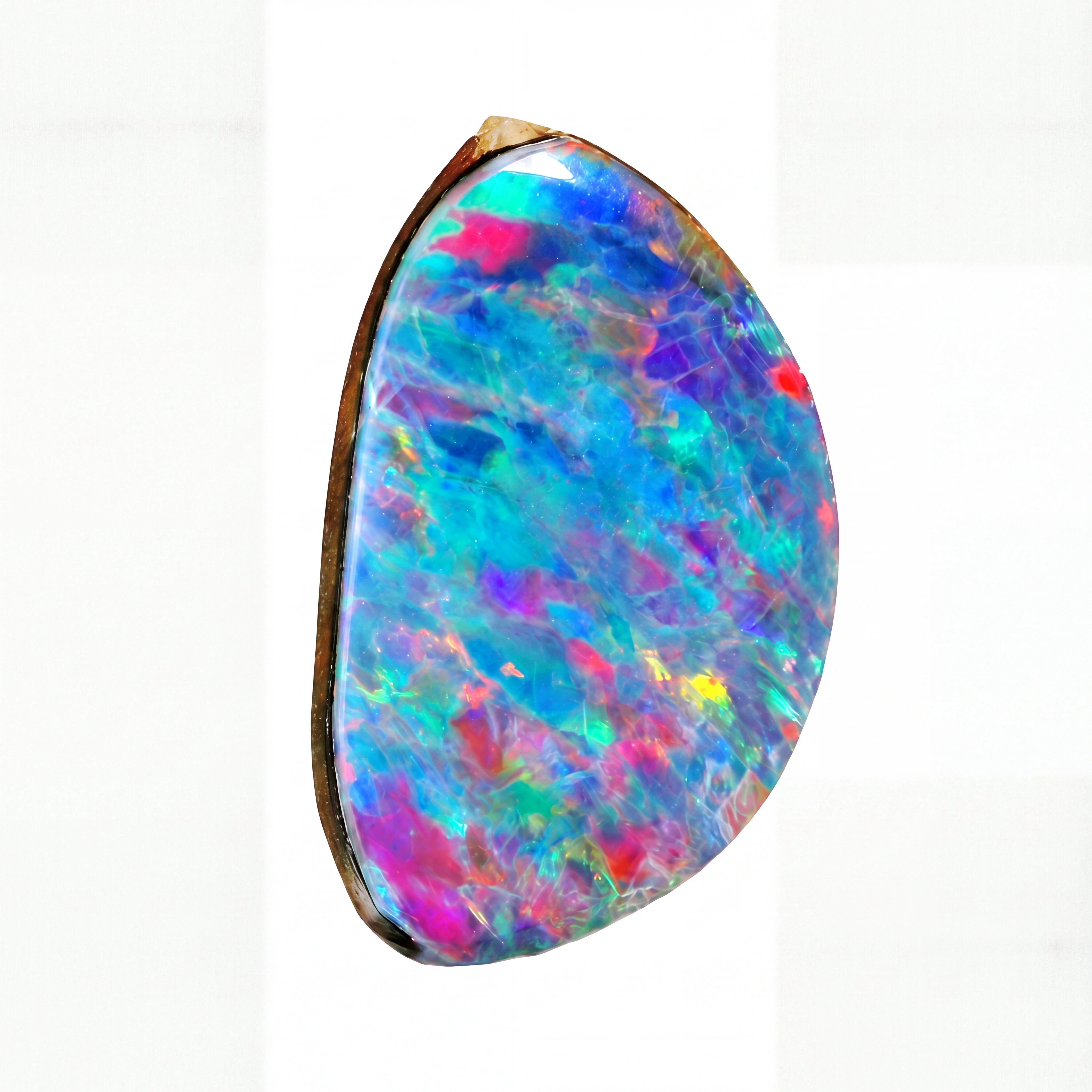 A teardrop-shaped natural opal gemstone with vibrant iridescent colours including blue, pink, purple, green, and red, set in a dark brown bezel on a white background.