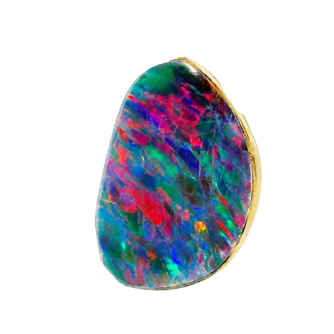 A teardrop-shaped loose opal gemstone with vibrant iridescent colours including blue, green, red, and purple, set in a gold bezel setting against a plain white background.