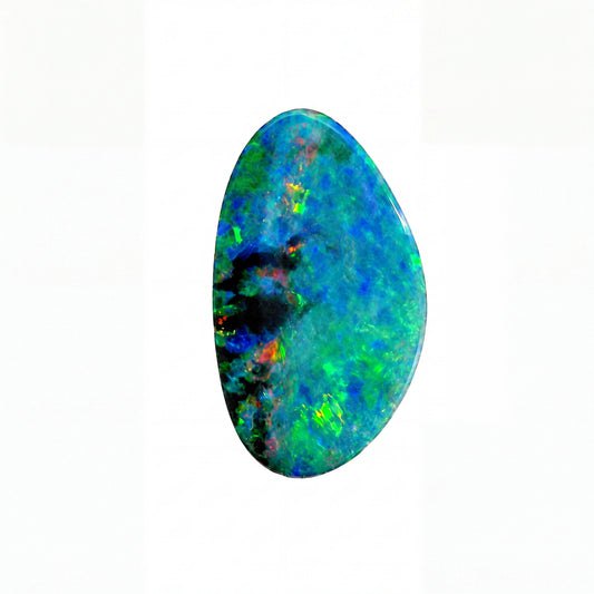 A polished teardrop-shaped opal gemstone displaying vibrant blue, green, and black iridescent play-of-colour on a plain white background.