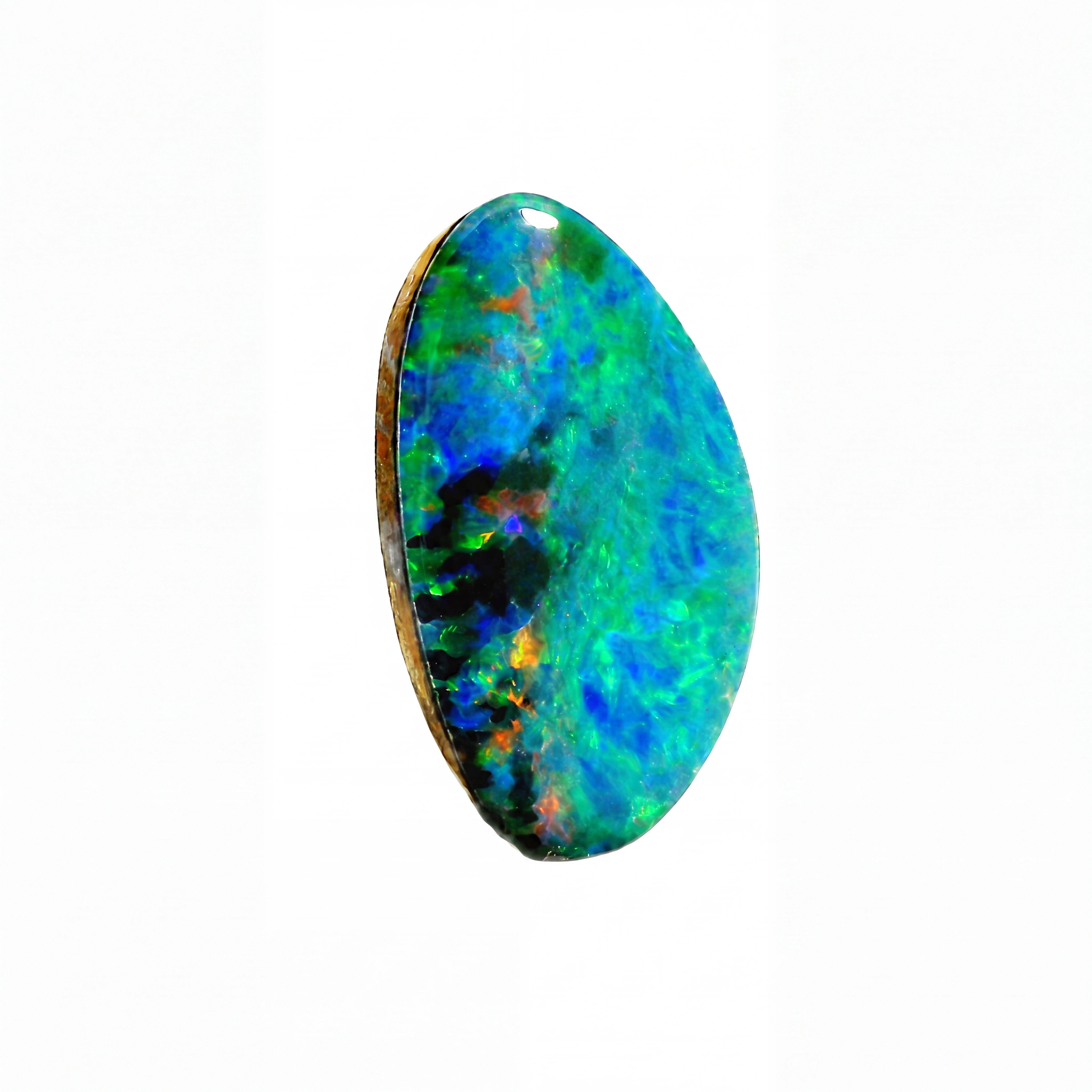 A single oval cabochon opal gemstone with vibrant blue, green, and orange play-of-colour, set in a gold bezel on a plain white background.