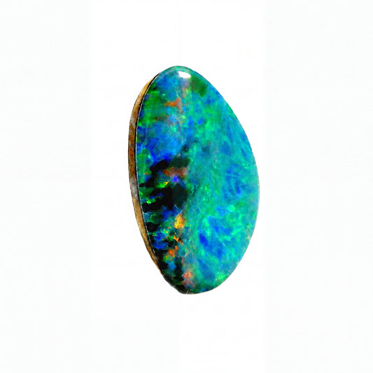 A single oval cabochon opal gemstone with vibrant blue, green, and orange play-of-colour, set in a gold bezel on a plain white background.