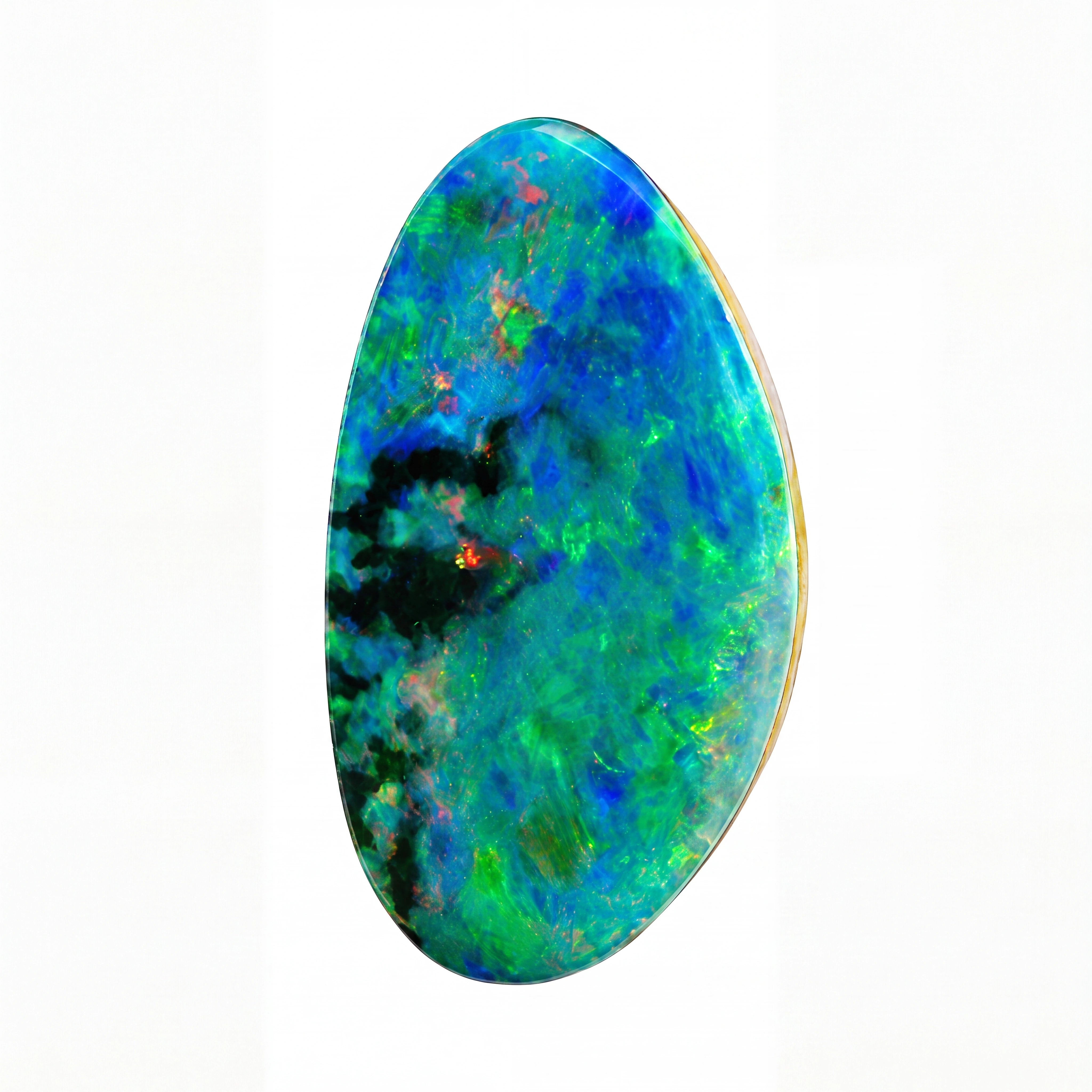 A polished oval opal gemstone displaying vibrant blue, green, and black iridescent play-of-colour, set against a plain white background.
