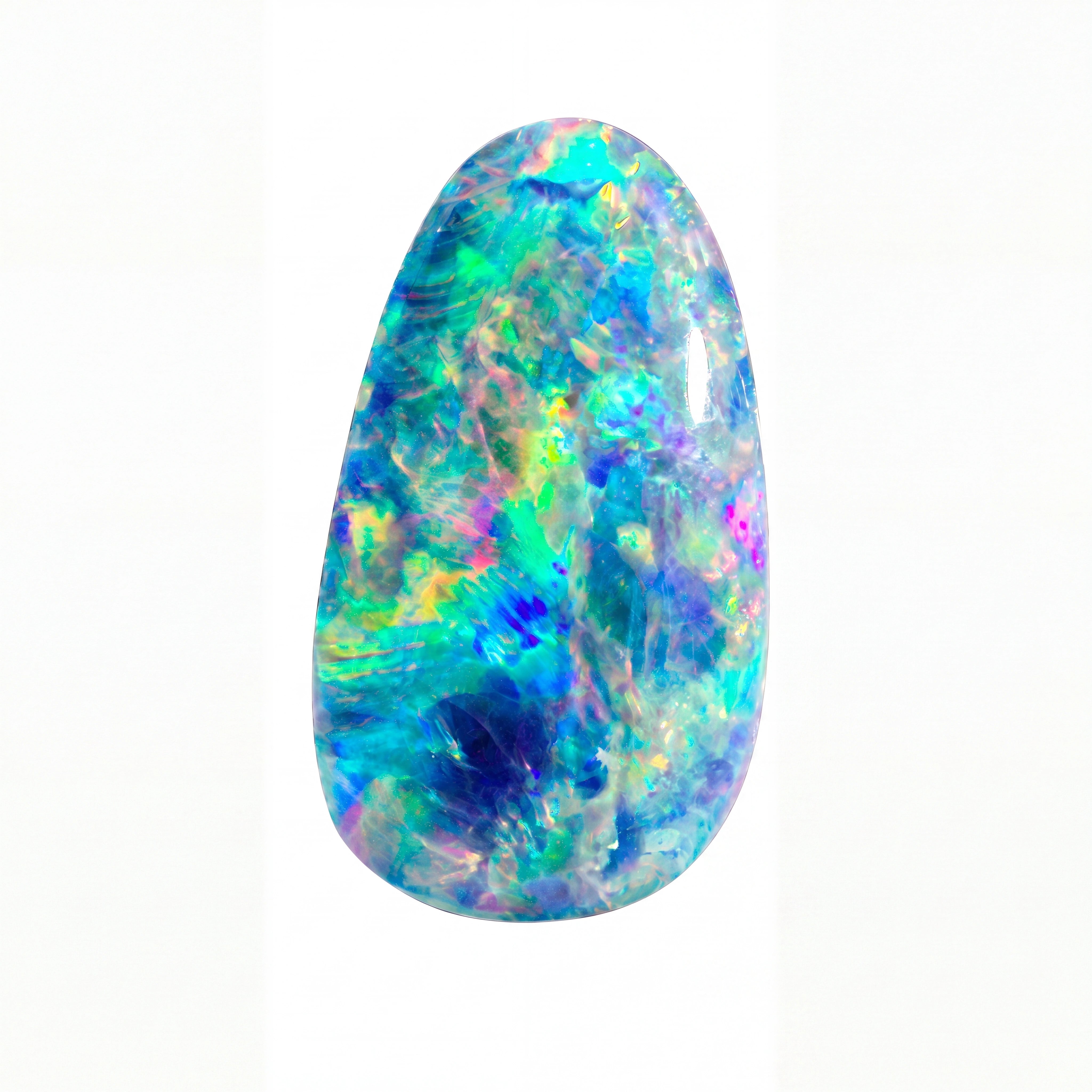 A teardrop-shaped loose opal gemstone displaying vibrant, iridescent colours including blue, green, pink, and yellow on a solid white background.