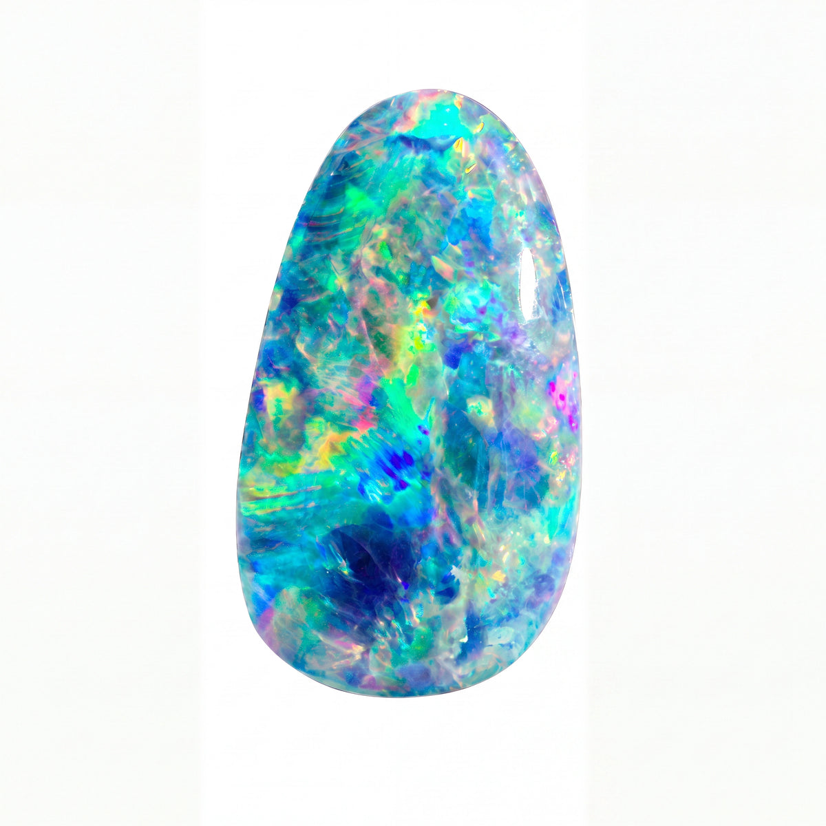A teardrop-shaped loose opal gemstone displaying vibrant, iridescent colours including blue, green, pink, and yellow on a solid white background.