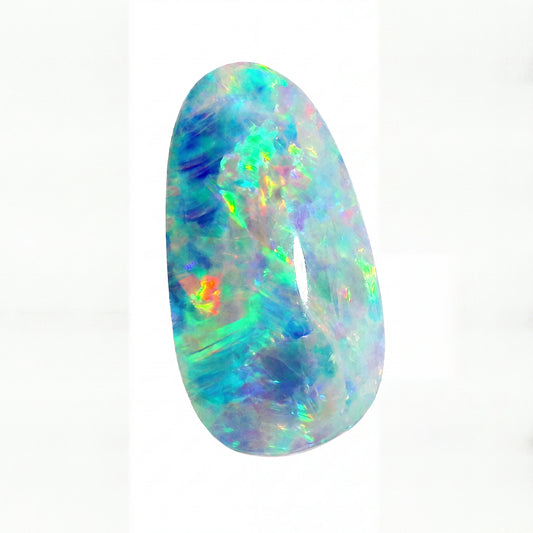 A polished teardrop-shaped opal gemstone displaying vibrant iridescent colours including blue, green, purple, and orange, set against a plain white background.