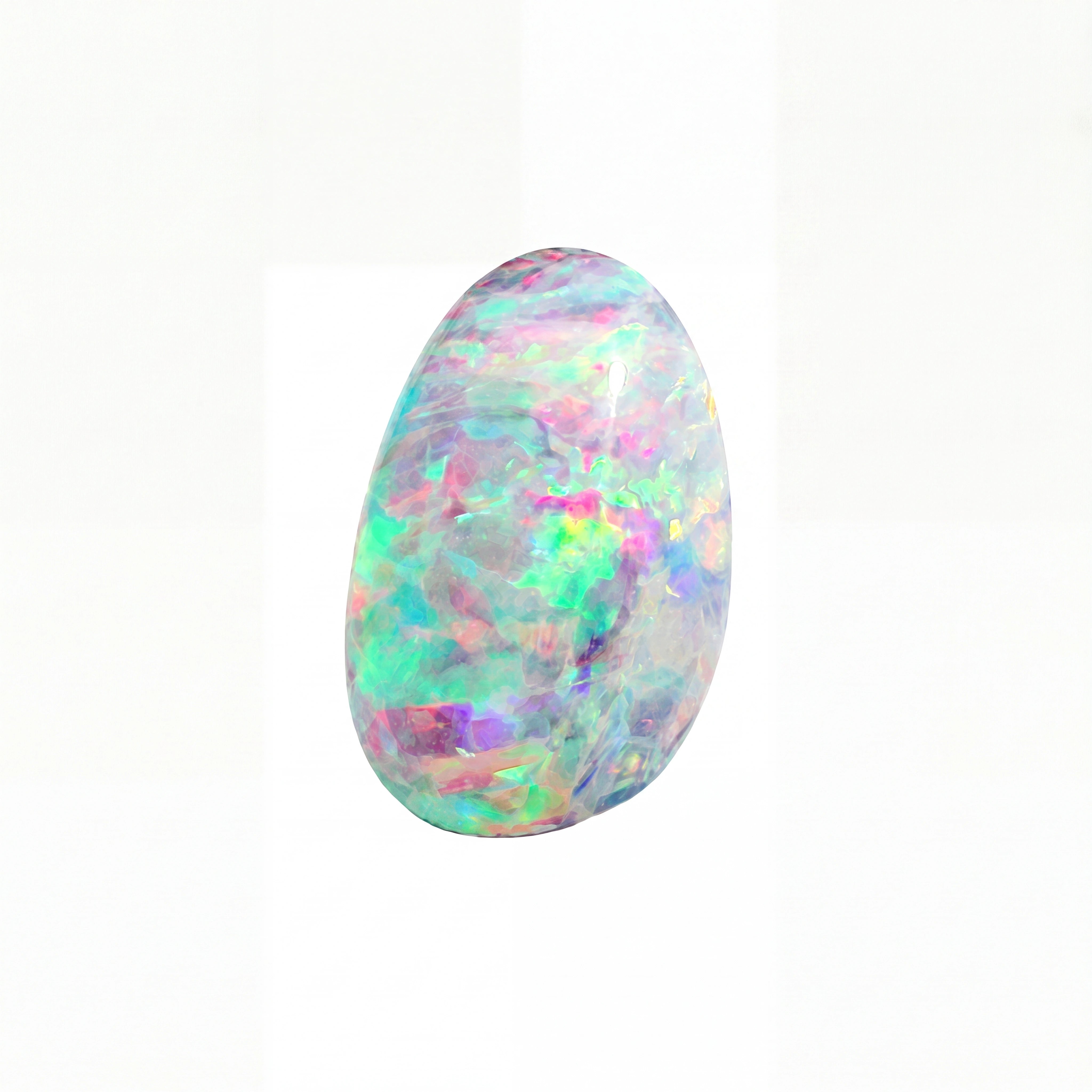 A polished cabochon opal gemstone displaying a vibrant play-of-colour with swirling patterns of pink, green, blue, purple, and white on a clean white background.