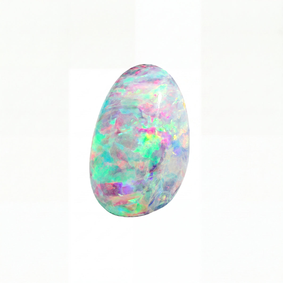 A polished cabochon opal gemstone displaying a vibrant play-of-colour with swirling patterns of pink, green, blue, purple, and white on a clean white background.