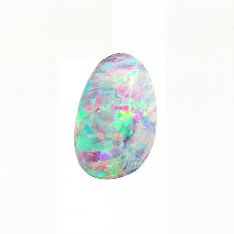 A polished cabochon opal gemstone displaying a vibrant play-of-colour with swirling patterns of pink, green, blue, purple, and white on a clean white background.