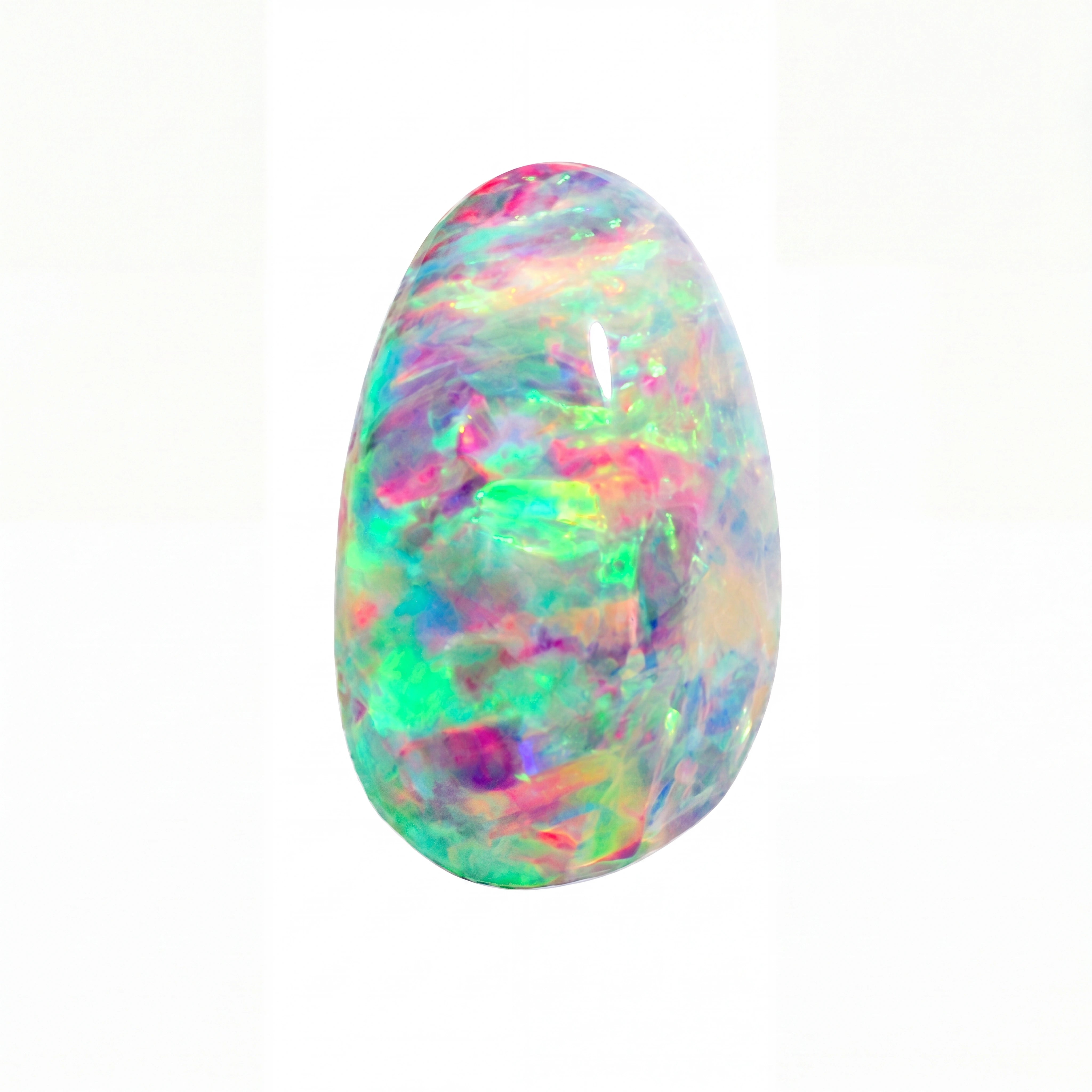 A polished oval cabochon gemstone with vibrant iridescent opal patterns in green, pink, blue, and purple on a white background.