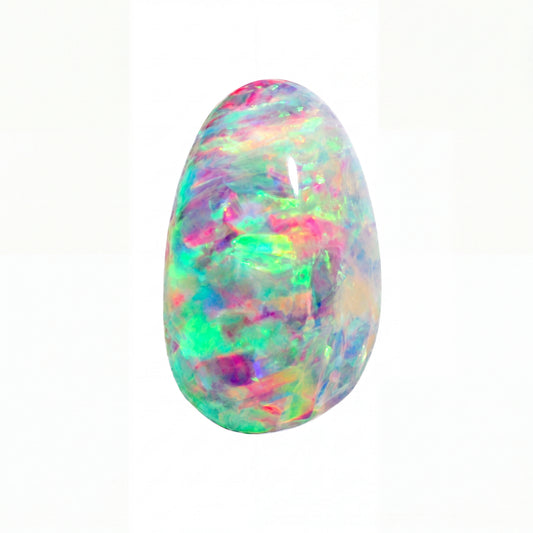 A polished oval cabochon gemstone with vibrant iridescent opal patterns in green, pink, blue, and purple on a white background.