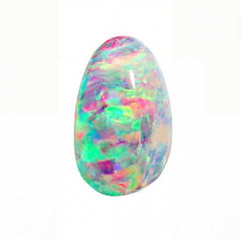 A polished oval cabochon gemstone with vibrant iridescent opal patterns in green, pink, blue, and purple on a white background.