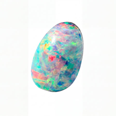 A polished cabochon opal gemstone displaying a vibrant play-of-colour with blue, pink, green, and purple hues, set against a plain white background.