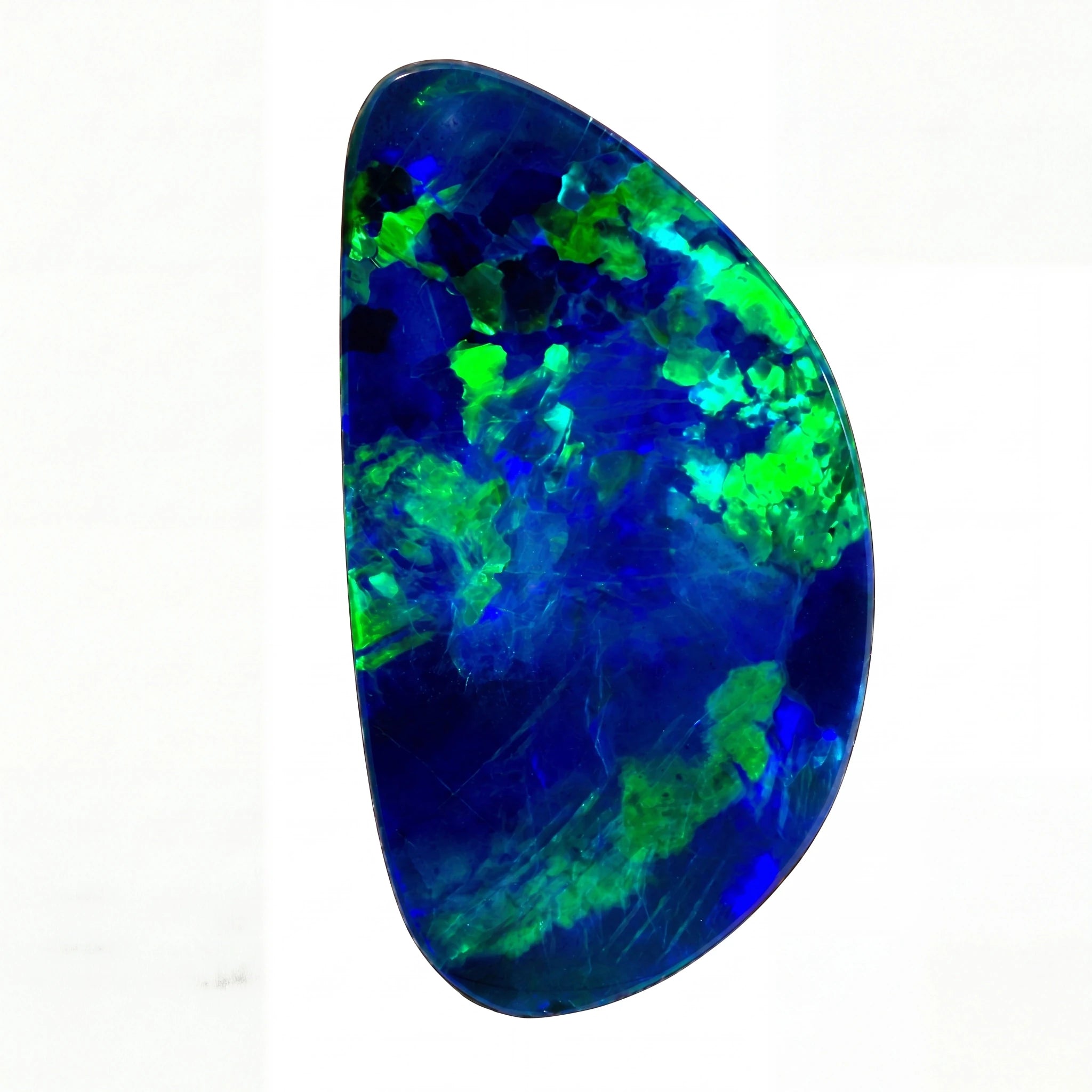 A polished natural opal gemstone with vibrant blue and green flashes, set against a plain white background.