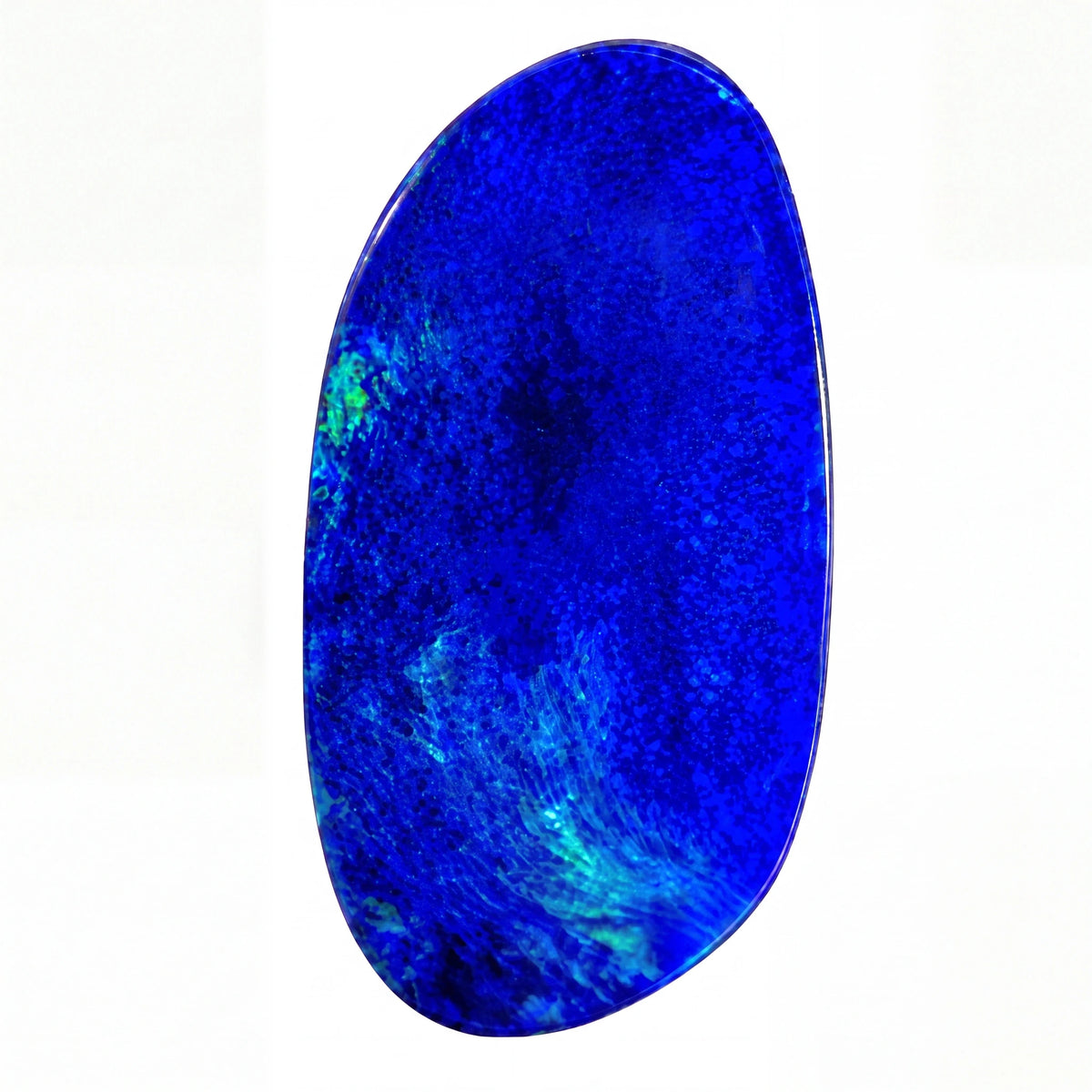 A polished oval-shaped opal gemstone with natural marbled blue and white textures, shown against a solid white background.