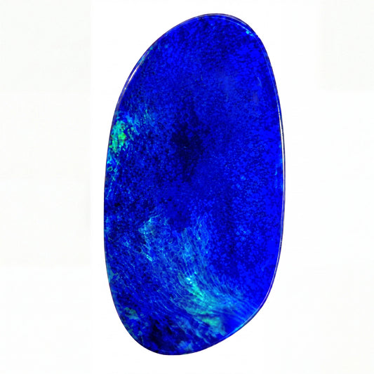 A polished oval-shaped opal gemstone with natural marbled blue and white textures, shown against a solid white background.