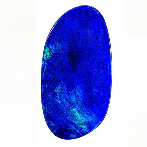 A polished oval-shaped opal gemstone with natural marbled blue and white textures, shown against a solid white background.