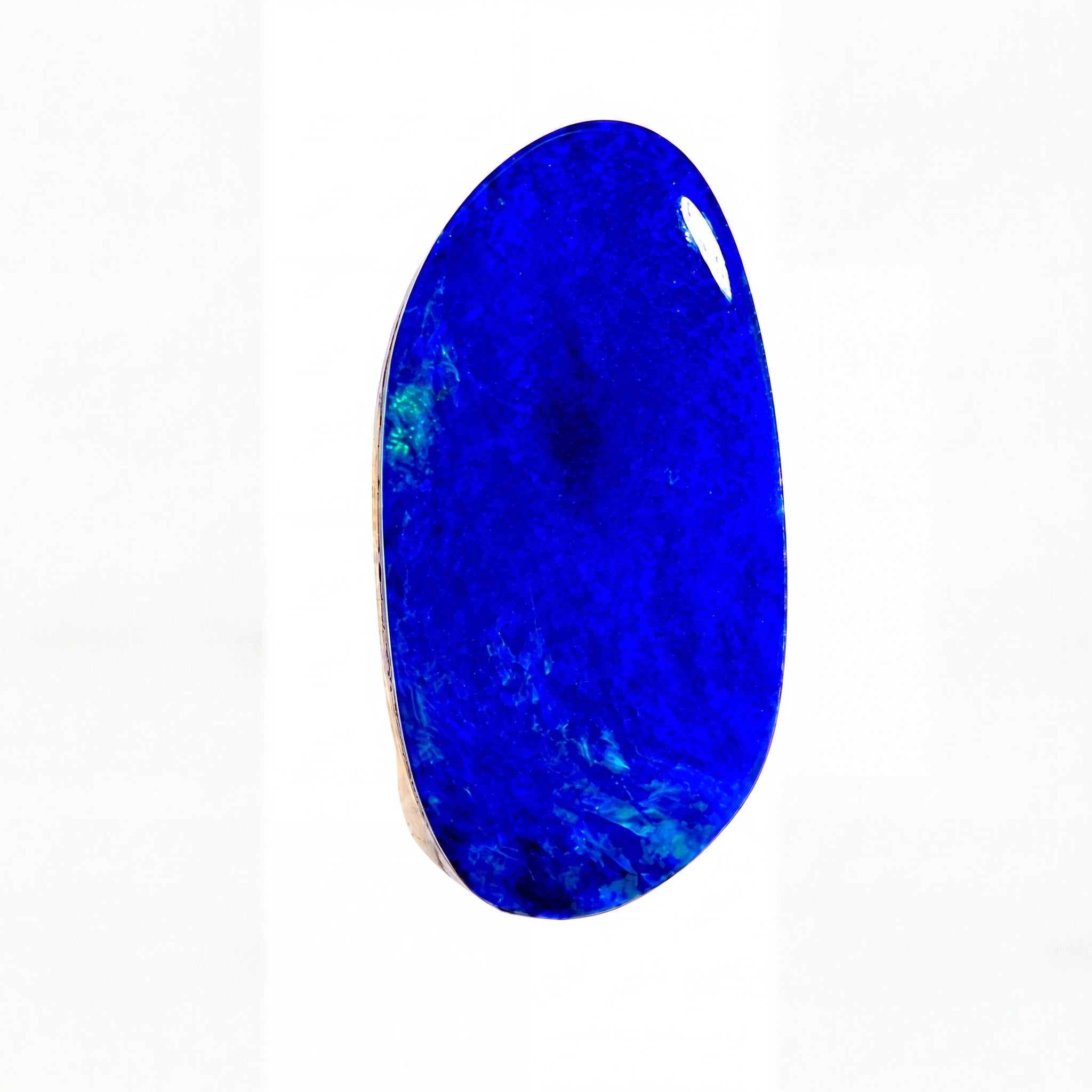 A polished, oval-shaped blue gemstone with natural marbled patterns, isolated on a solid white background.