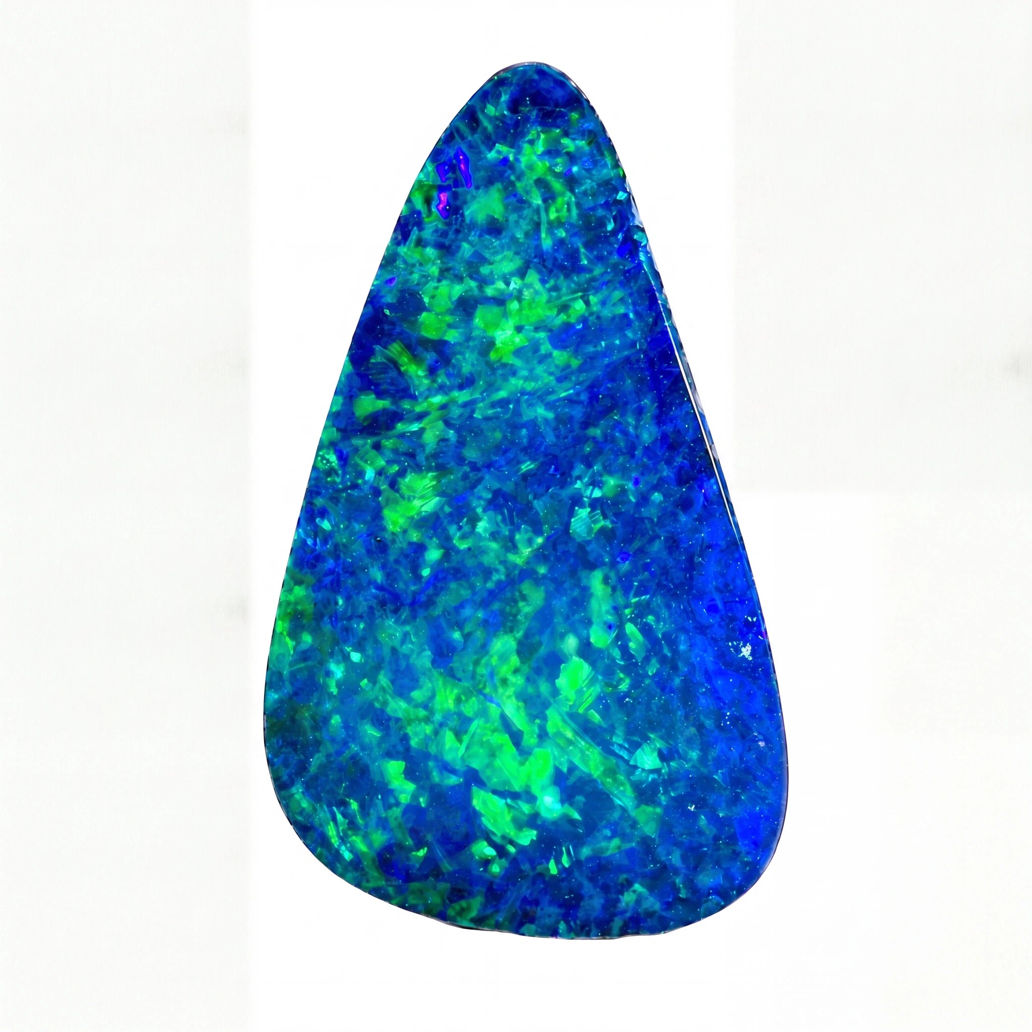 A teardrop-shaped blue opal gemstone with vibrant green flashes, displayed against a solid white background.