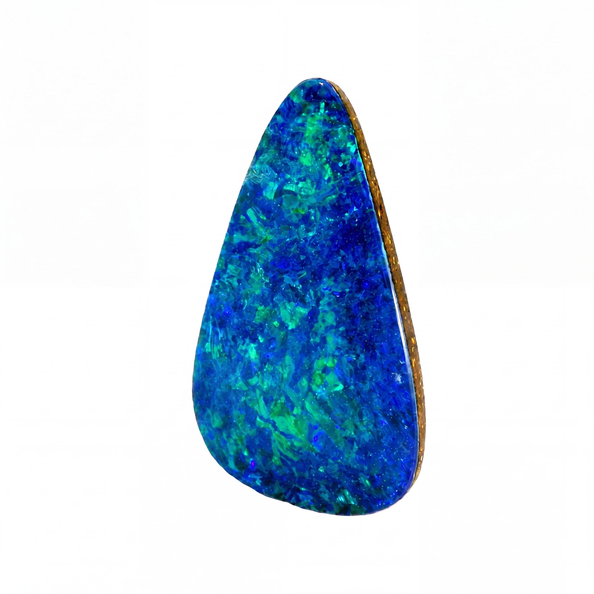 A teardrop-shaped natural opal gemstone with vibrant blue and green iridescent play-of-colour, set in a rough brown border, shown on a plain white background.