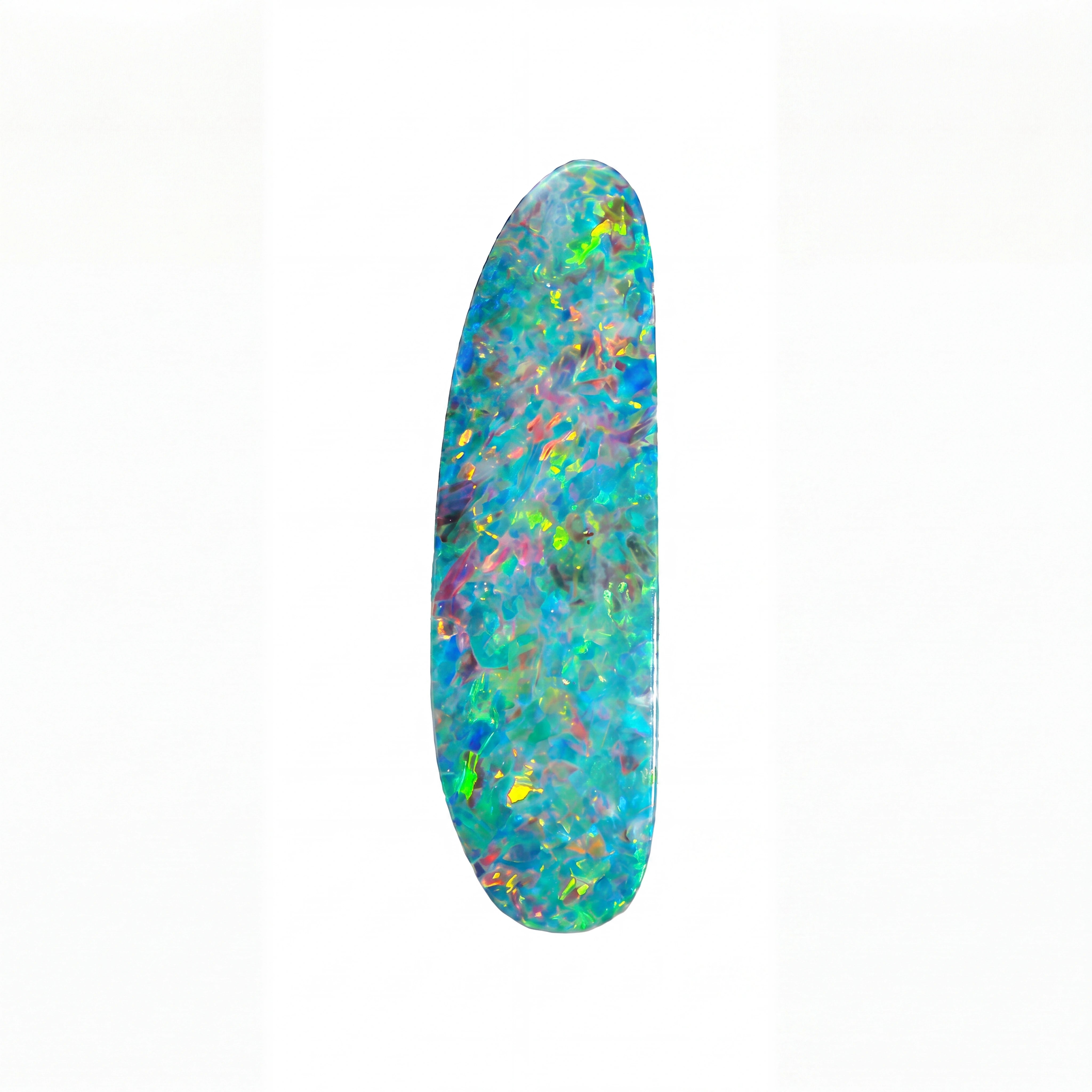 A single elongated, teardrop-shaped opal with a vibrant, multicoloured play-of-colour pattern featuring blue, green, pink, yellow, and purple on a white background.