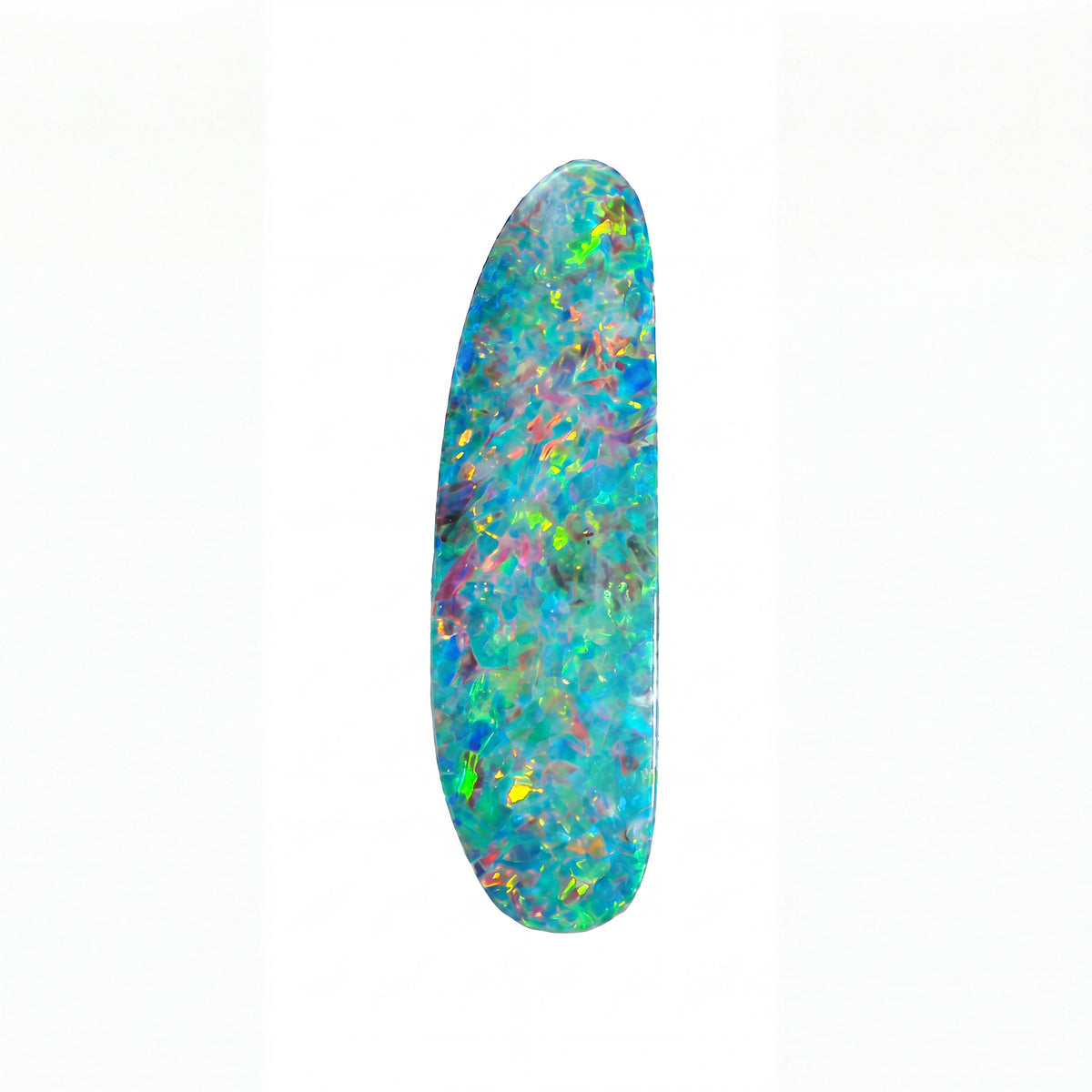 A single elongated, teardrop-shaped opal with a vibrant, multicoloured play-of-colour pattern featuring blue, green, pink, yellow, and purple on a white background.