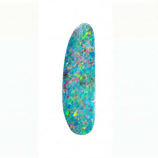 A single elongated, teardrop-shaped opal with a vibrant, multicoloured play-of-colour pattern featuring blue, green, pink, yellow, and purple on a white background.