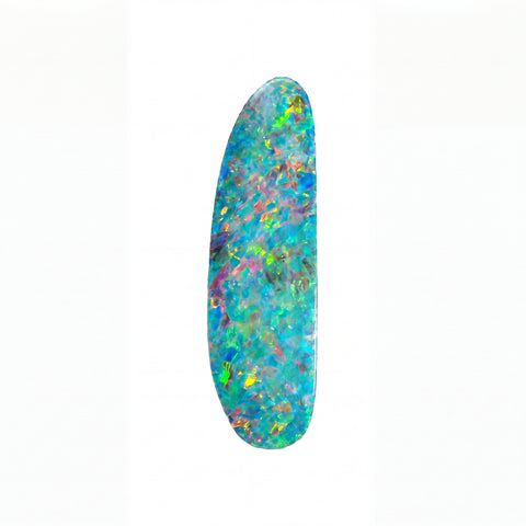 A single elongated, teardrop-shaped opal with a vibrant, multicoloured play-of-colour pattern featuring blue, green, pink, yellow, and purple on a white background.
