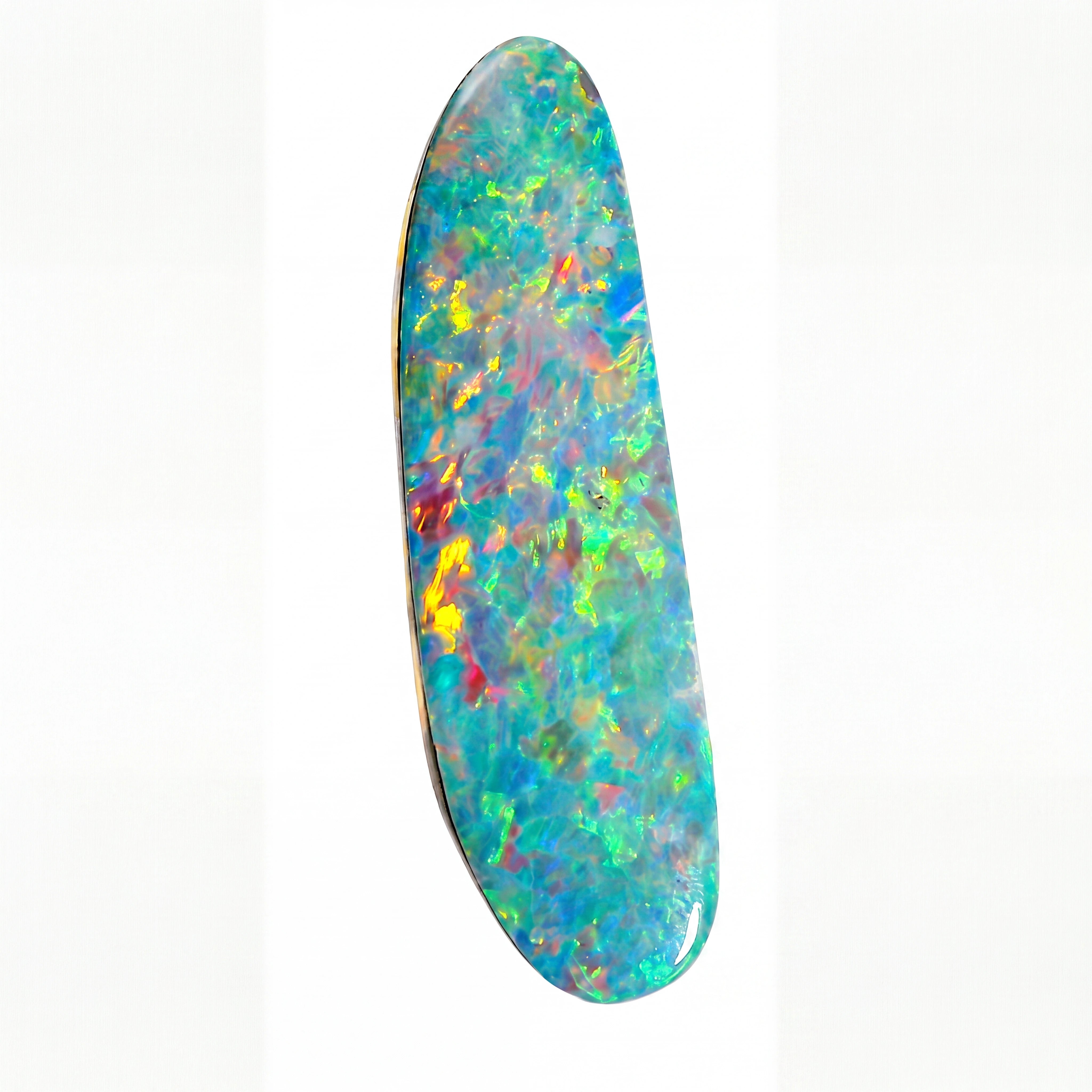 A polished oval-shaped opal gemstone with vibrant, shifting colours including blue, green, yellow, orange, and red, displayed on a clean white background.