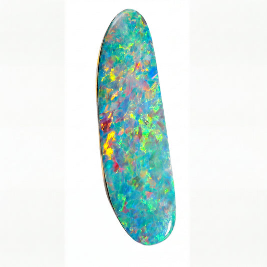 A polished oval-shaped opal gemstone with vibrant, shifting colours including blue, green, yellow, orange, and red, displayed on a clean white background.