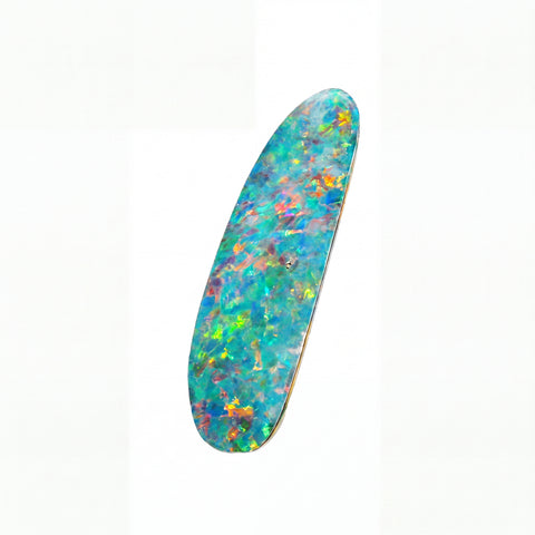 A skateboard deck featuring a vibrant, multicoloured iridescent opal pattern with shades of blue, green, orange, and yellow on a light wood base, shown against a plain white background.