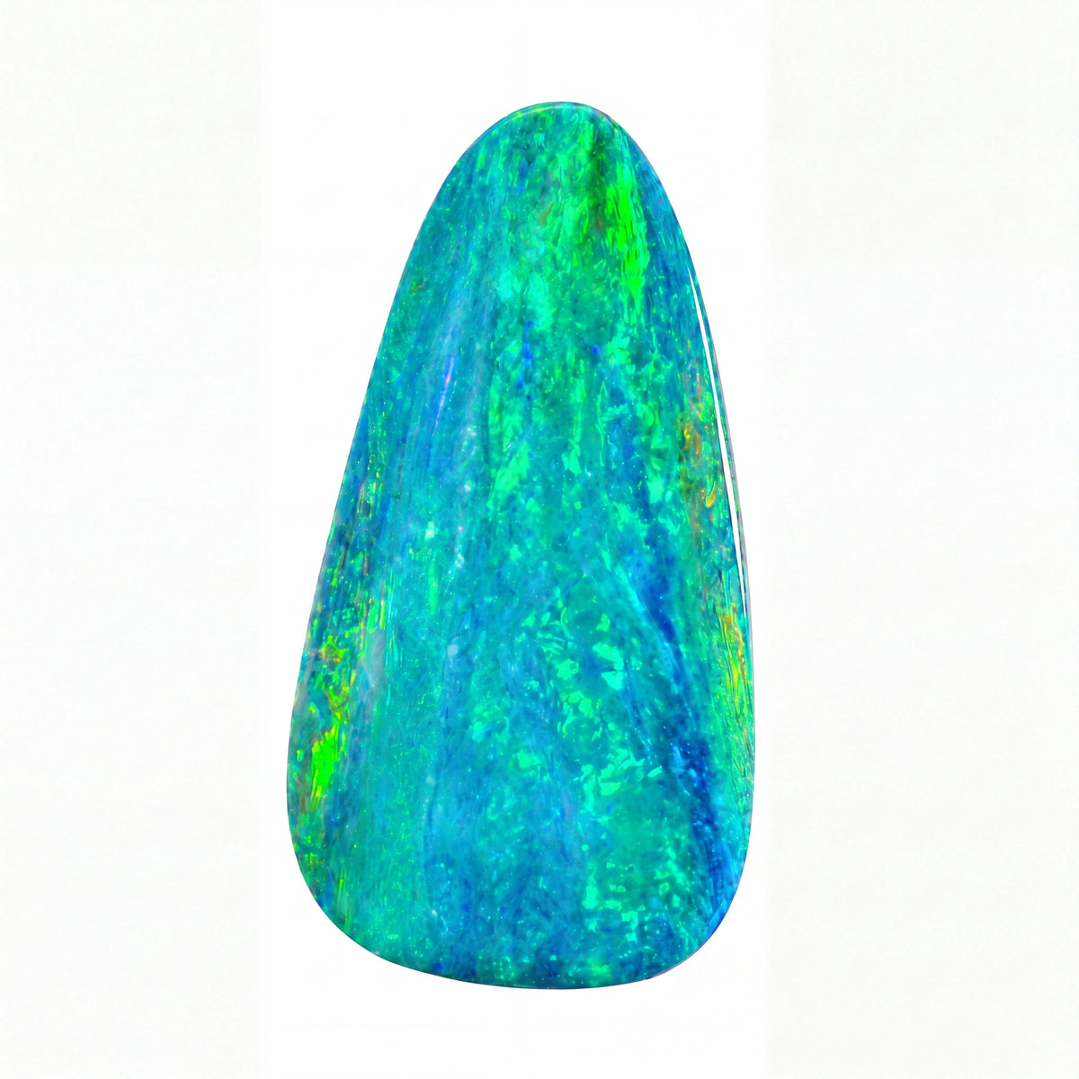 A polished teardrop-shaped opal gemstone displaying vibrant blue, green, and turquoise iridescent play-of-colour, set against a plain white background.