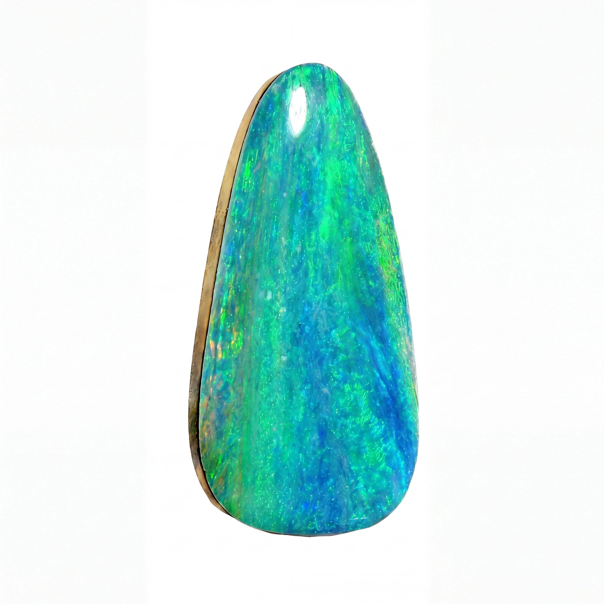 A polished teardrop-shaped opal stone with vibrant green, blue, and purple iridescent colours, centred on a plain white background.