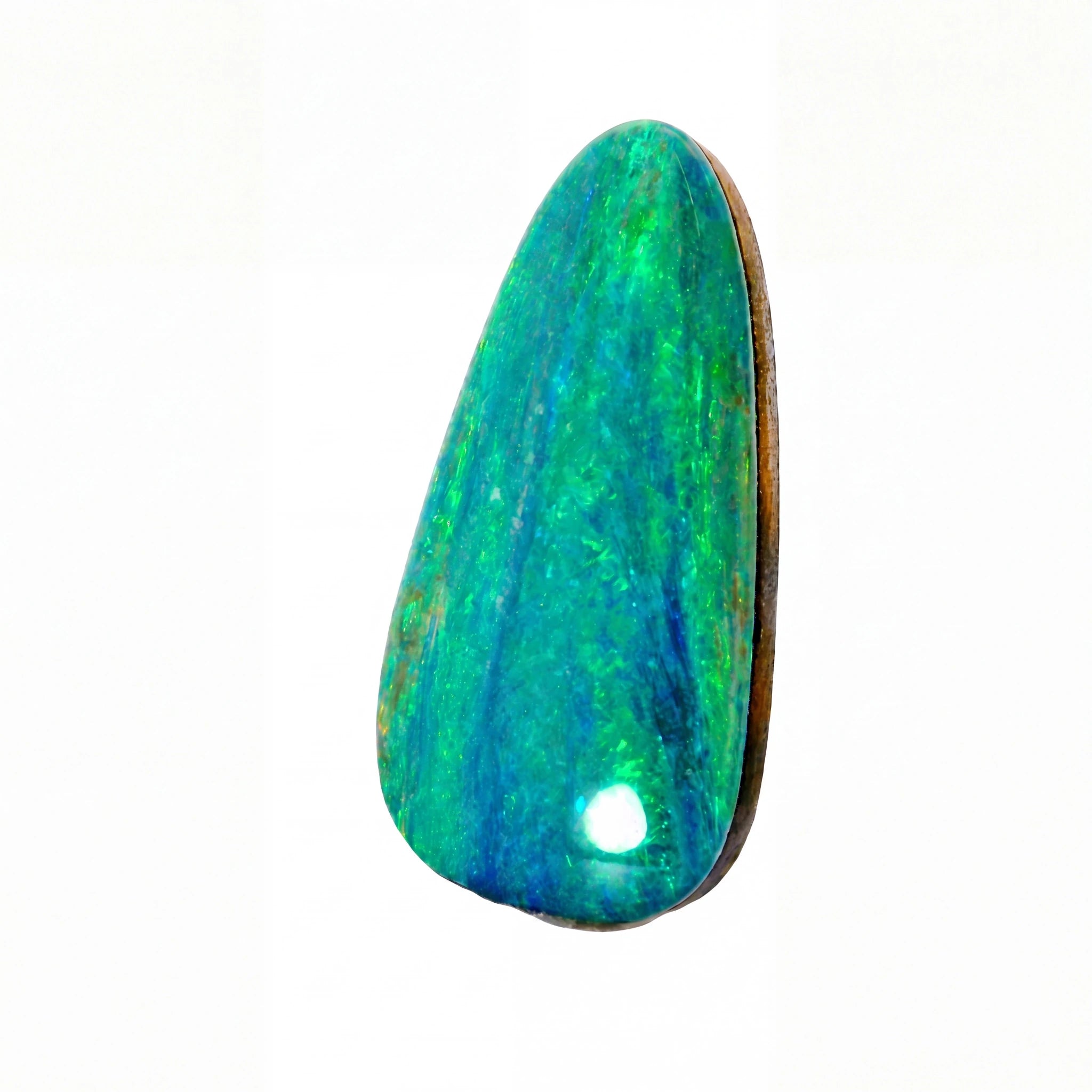 A teardrop-shaped green and blue opal gemstone with a polished finish, set in a dark brown bezel, shown against a plain white background.