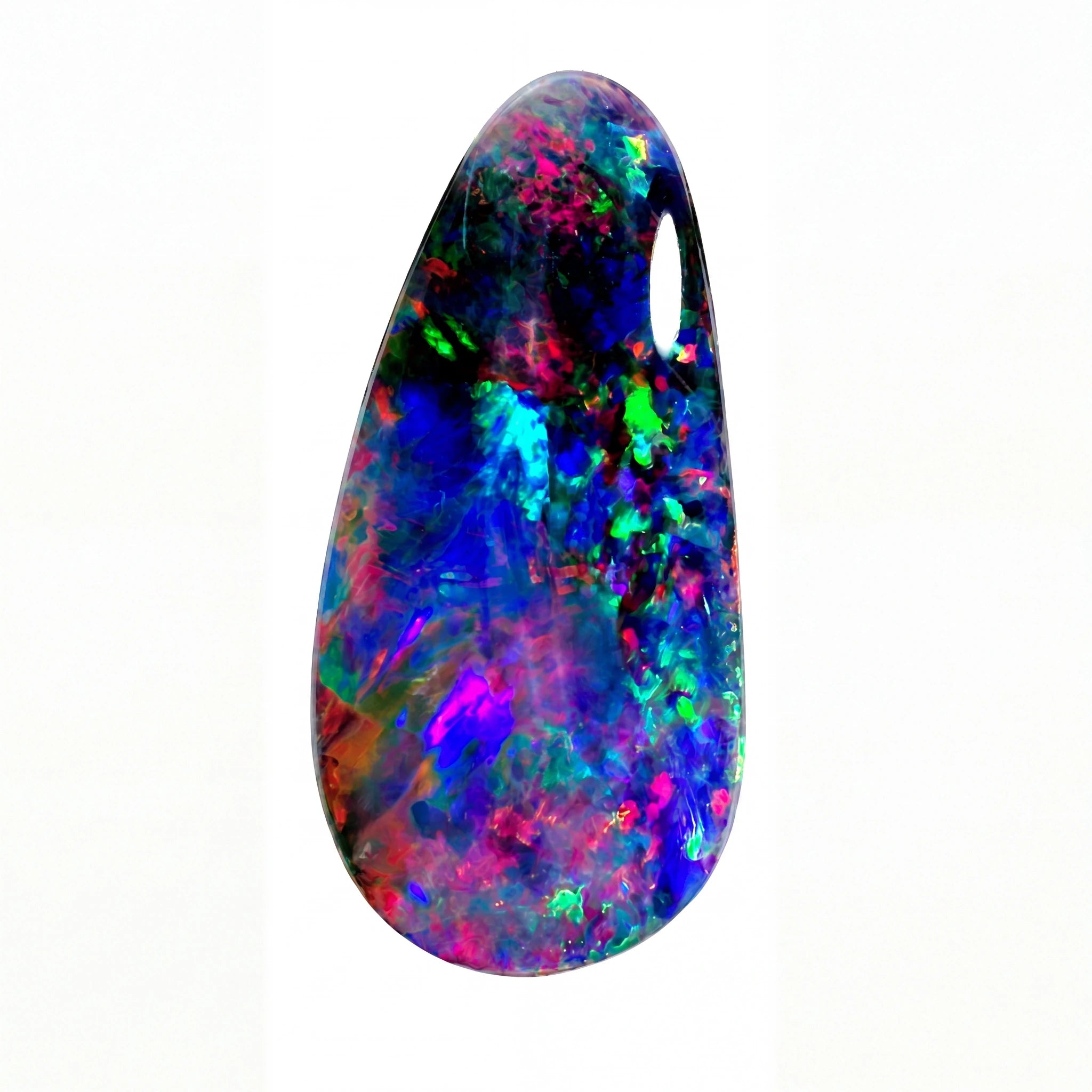 A teardrop-shaped cabochon opal gemstone displaying a vibrant play-of-colour with blue, green, orange, and purple hues, set against a solid black background.